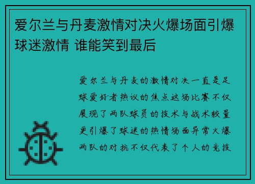 爱尔兰与丹麦激情对决火爆场面引爆球迷激情 谁能笑到最后