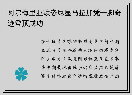 阿尔梅里亚疲态尽显马拉加凭一脚奇迹登顶成功