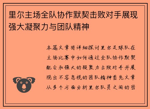 里尔主场全队协作默契击败对手展现强大凝聚力与团队精神