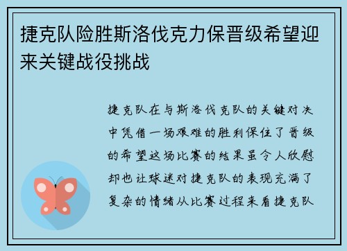 捷克队险胜斯洛伐克力保晋级希望迎来关键战役挑战