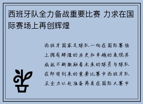 西班牙队全力备战重要比赛 力求在国际赛场上再创辉煌