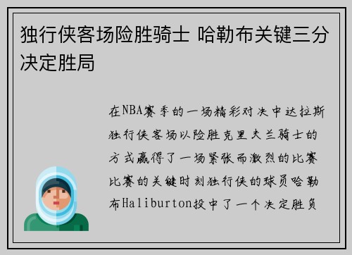 独行侠客场险胜骑士 哈勒布关键三分决定胜局