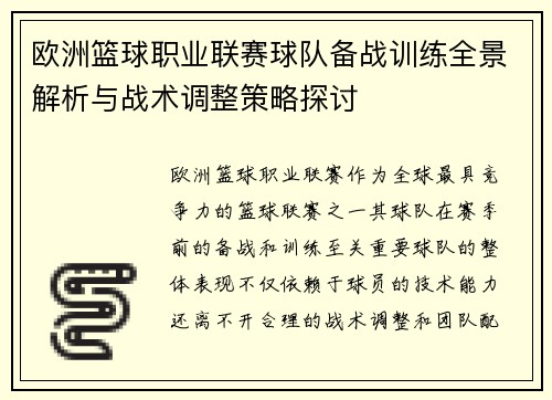 欧洲篮球职业联赛球队备战训练全景解析与战术调整策略探讨