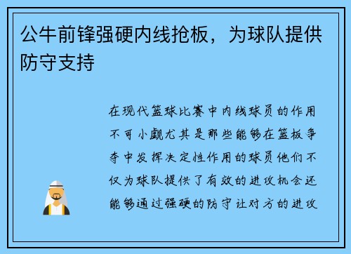 公牛前锋强硬内线抢板，为球队提供防守支持