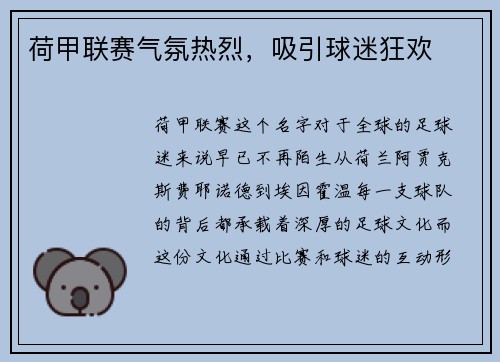 荷甲联赛气氛热烈，吸引球迷狂欢