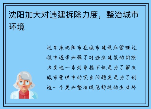 沈阳加大对违建拆除力度，整治城市环境