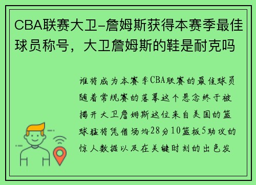 CBA联赛大卫-詹姆斯获得本赛季最佳球员称号，大卫詹姆斯的鞋是耐克吗