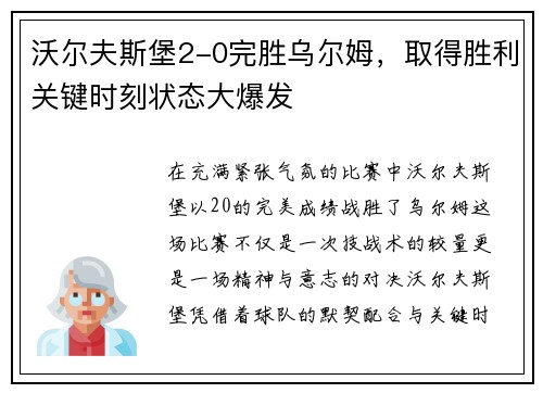 沃尔夫斯堡2-0完胜乌尔姆，取得胜利关键时刻状态大爆发
