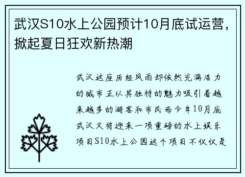 武汉S10水上公园预计10月底试运营，掀起夏日狂欢新热潮