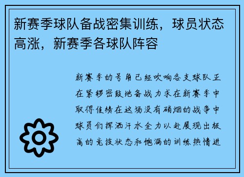 新赛季球队备战密集训练，球员状态高涨，新赛季各球队阵容