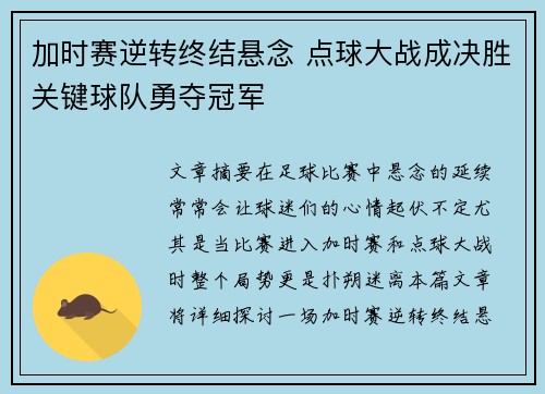 加时赛逆转终结悬念 点球大战成决胜关键球队勇夺冠军