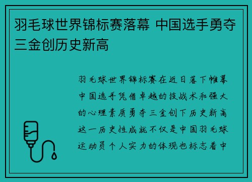 羽毛球世界锦标赛落幕 中国选手勇夺三金创历史新高